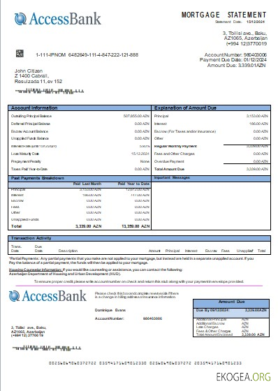 Azerbaïdjan Access Bank relevé hypothécaire scr